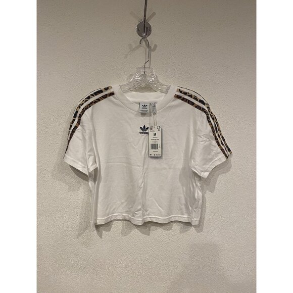 adidas Originals Shirt Womens Medium White Cropped Tee Leopard 3-Stripes HB4754 - Picture 2 of 4